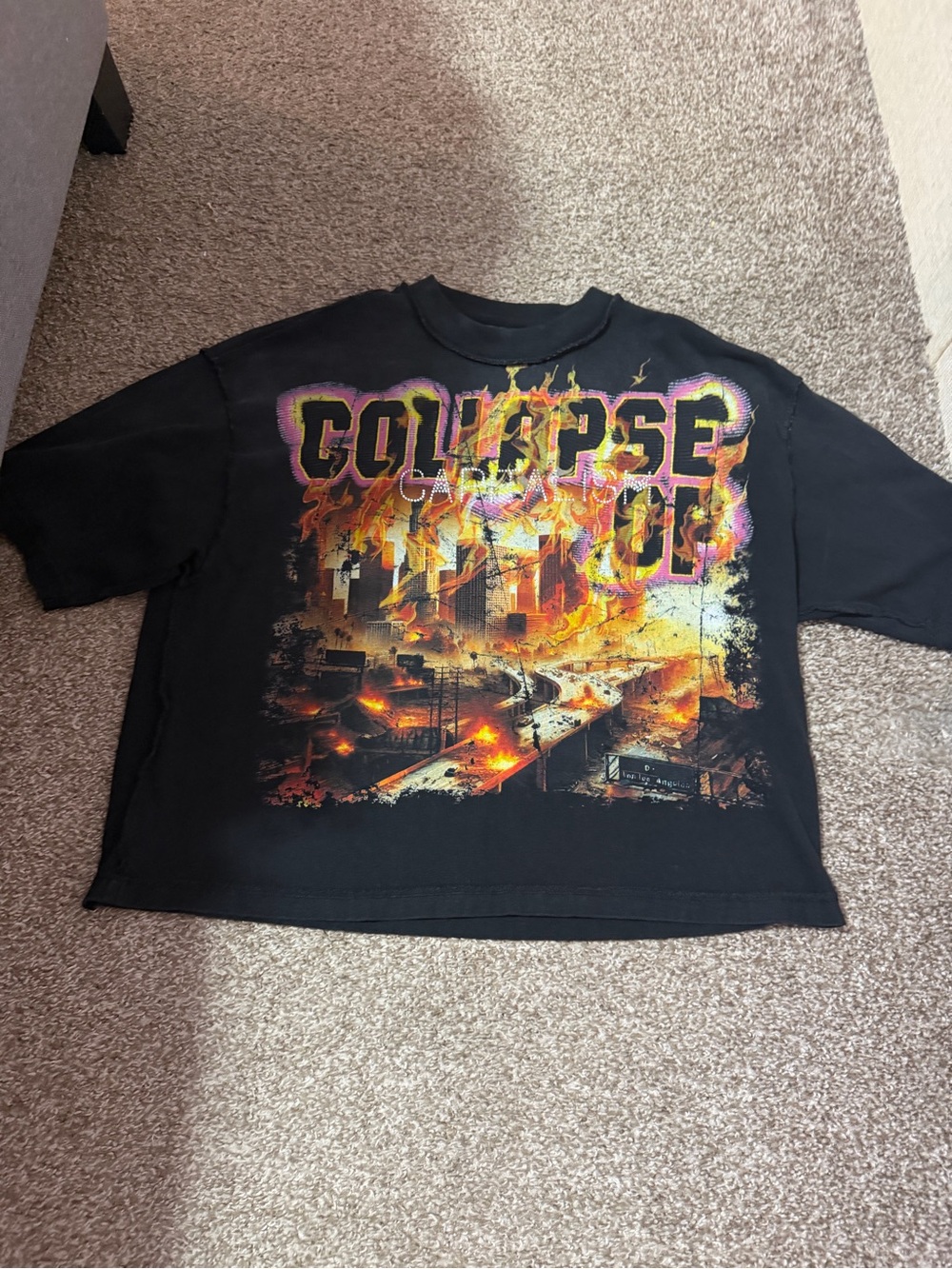 Graphic 'Collapse' Flame Print Cropped Black Tee